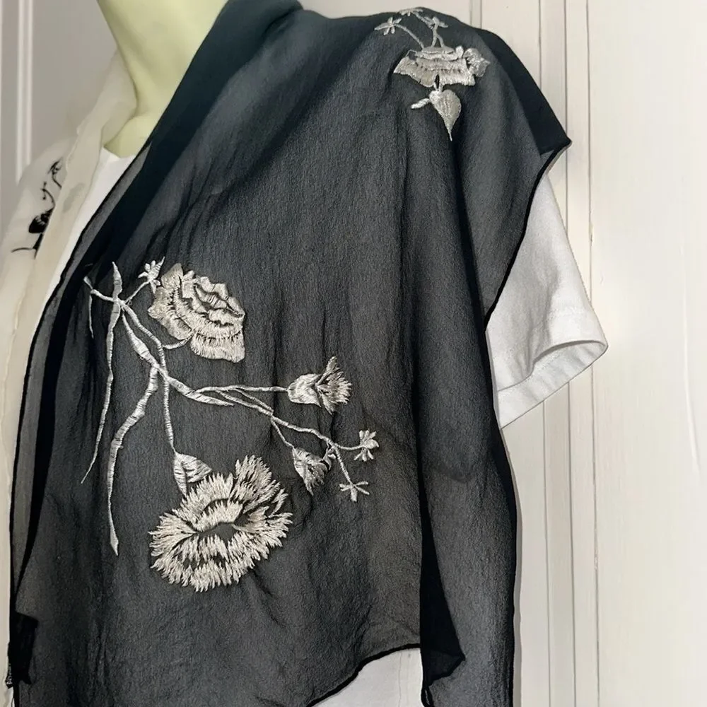 Vintage 60s Ben Goodman black & white‎ silk scarf with embroidered flowers